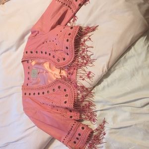 Double D Ranch Pink Leather Jacket with beaded fringe